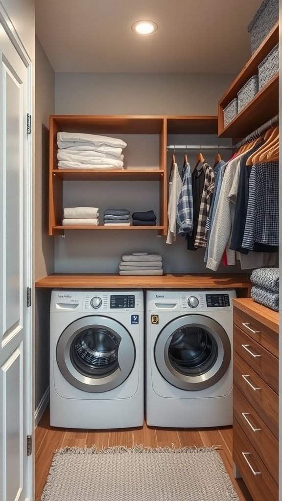 A cozy walk-in closet featuring integrated laundry solutions with two washing machines, wooden shelves, and neatly folded towels.