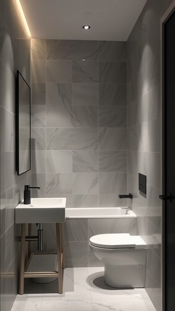 Narrow bathroom with integrated lighting and modern fixtures