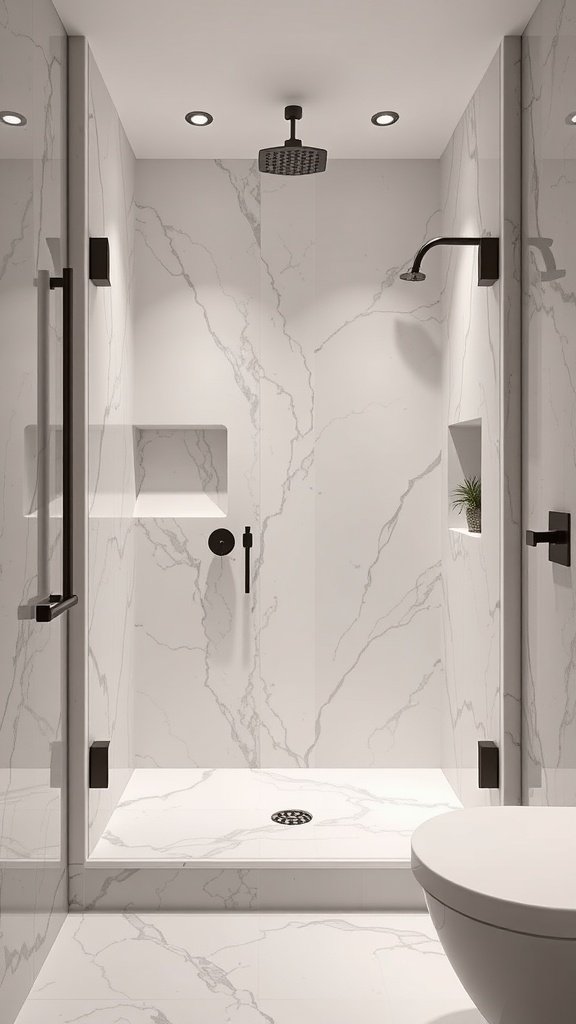 Modern shower design featuring sleek marble veining and integrated storage solutions.