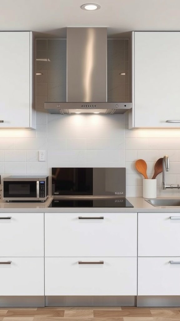 A modern kitchen with sleek white cabinetry, a stainless steel range hood, and integrated appliances.