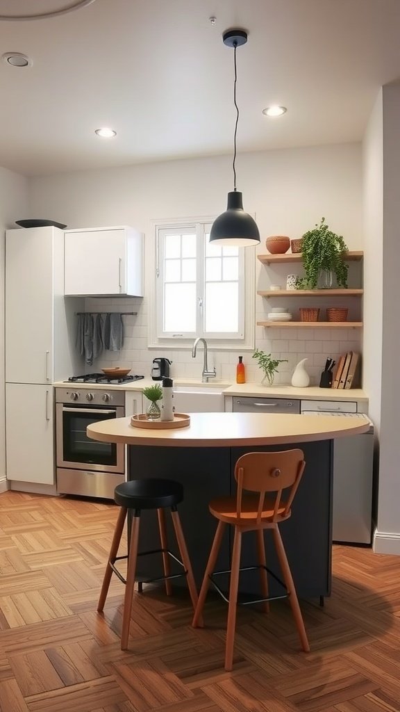 A cozy kitchen featuring a breakfast bar with stools, showcasing a modern design with light colors and open shelves.