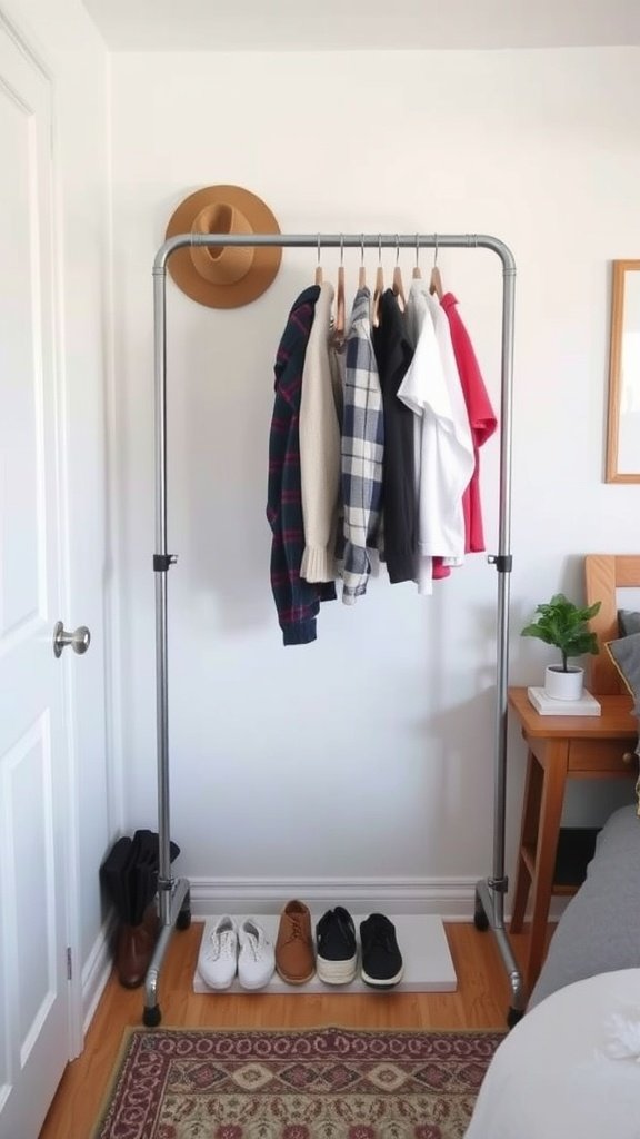 A clothing rack with various shirts hung up, a hat on top, and shoes neatly arranged underneath.
