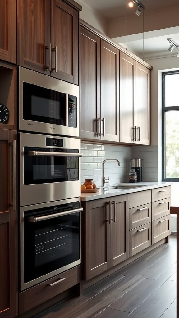 A modern kitchen featuring wooden cabinets and integrated appliances.