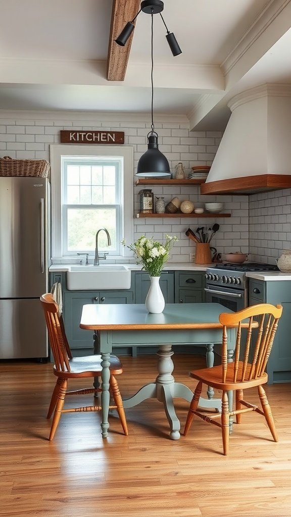 A modern kitchen featuring a classic dining table with traditional wooden chairs.