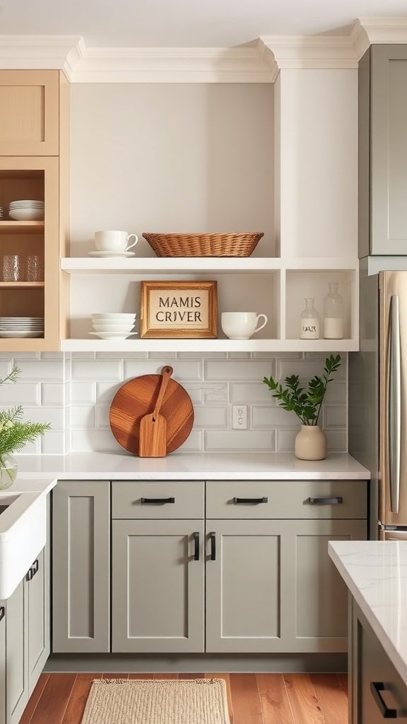 Open shelving in a two-tone kitchen showcasing dishes and decor.