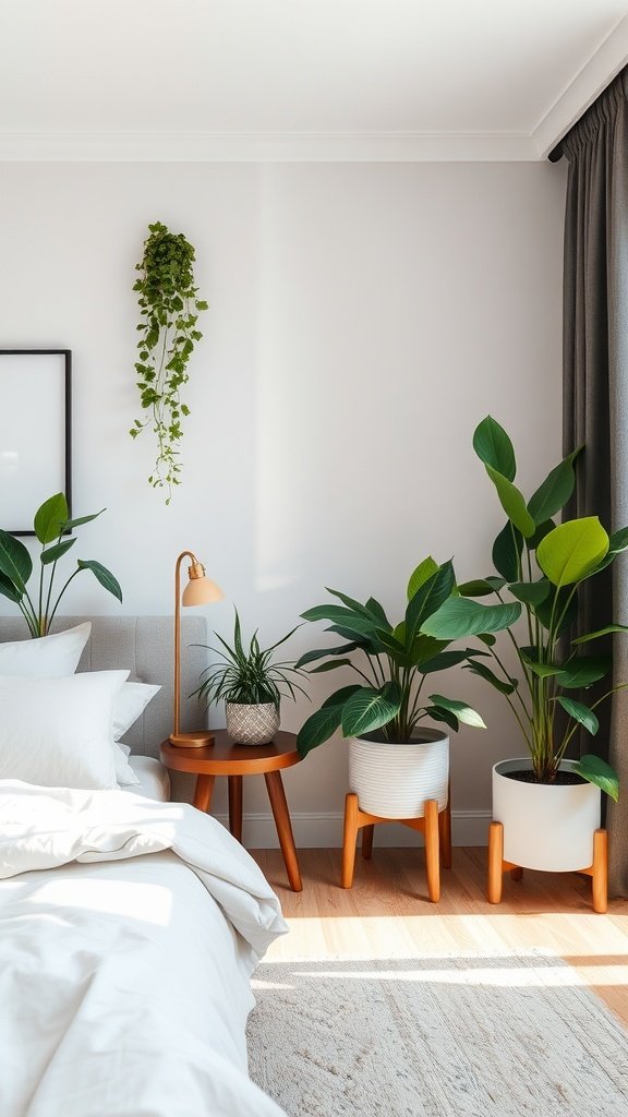 A cozy bedroom setup with various plants, including a hanging plant and two potted plants, alongside a stylish bedside table.