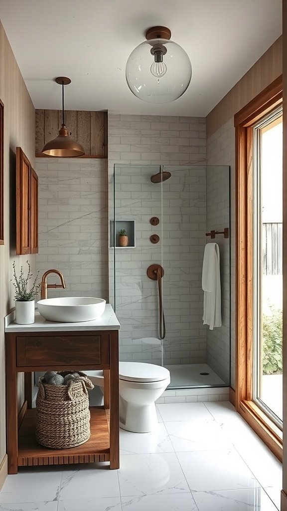 A modern bathroom featuring farmhouse style with a pedestal sink, shiplap accents, and natural light.