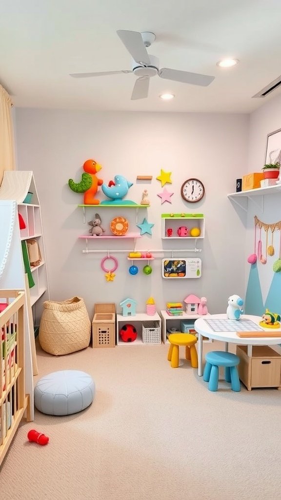 A colorful and engaging gender-neutral nursery with toys, shelves, and a cozy seating area.