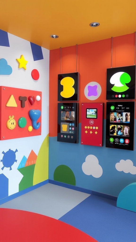 Bright interactive play panels in a playful space for toddlers.