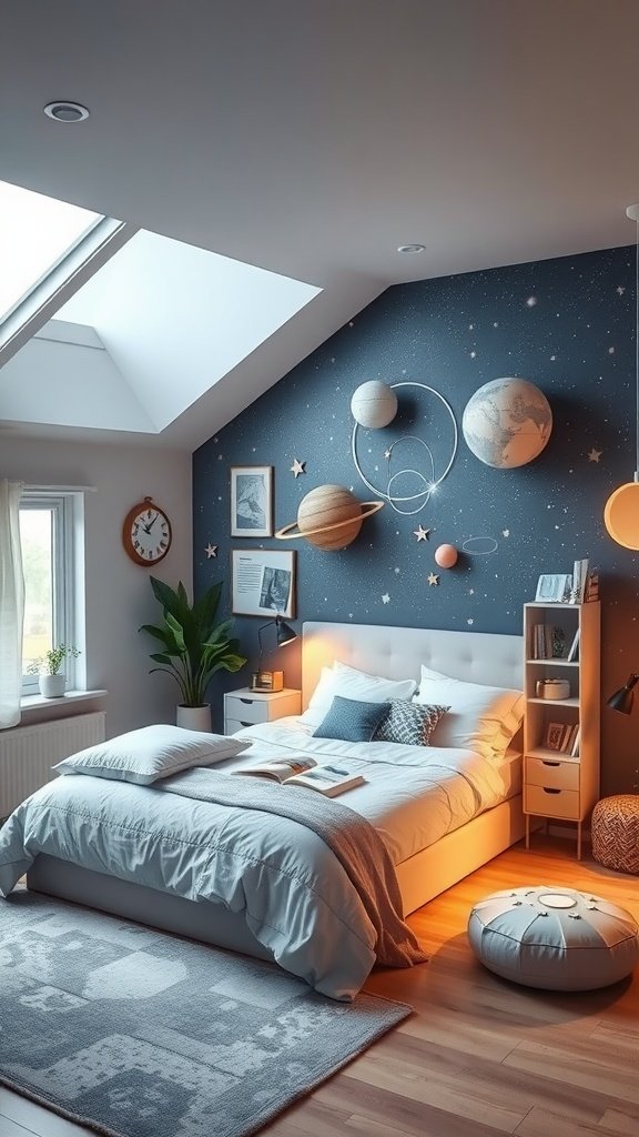 A beautifully designed space-themed bedroom with planet decorations on the walls, soft bedding, and cozy furniture.
