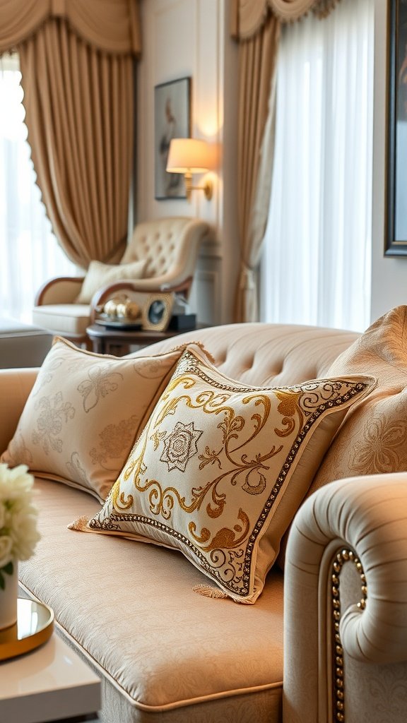 Two intricately embroidered pillows on a sofa, featuring elegant designs and text.