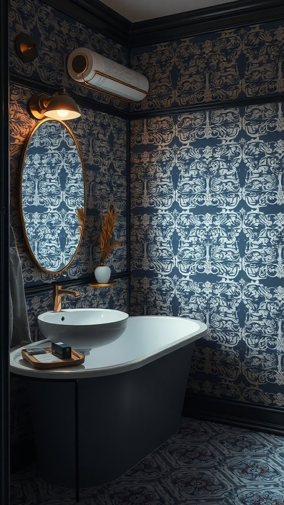 A small bathroom featuring intricate lace wallpaper in dark tones with a stylish sink and mirror.