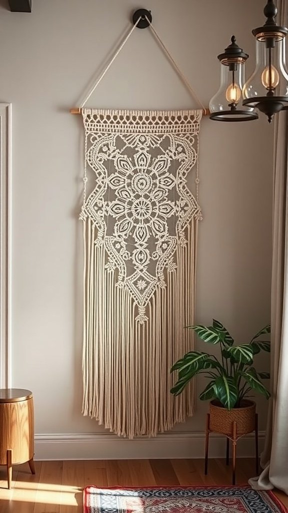 Intricate macramé wall hanging with lace pattern and fringes