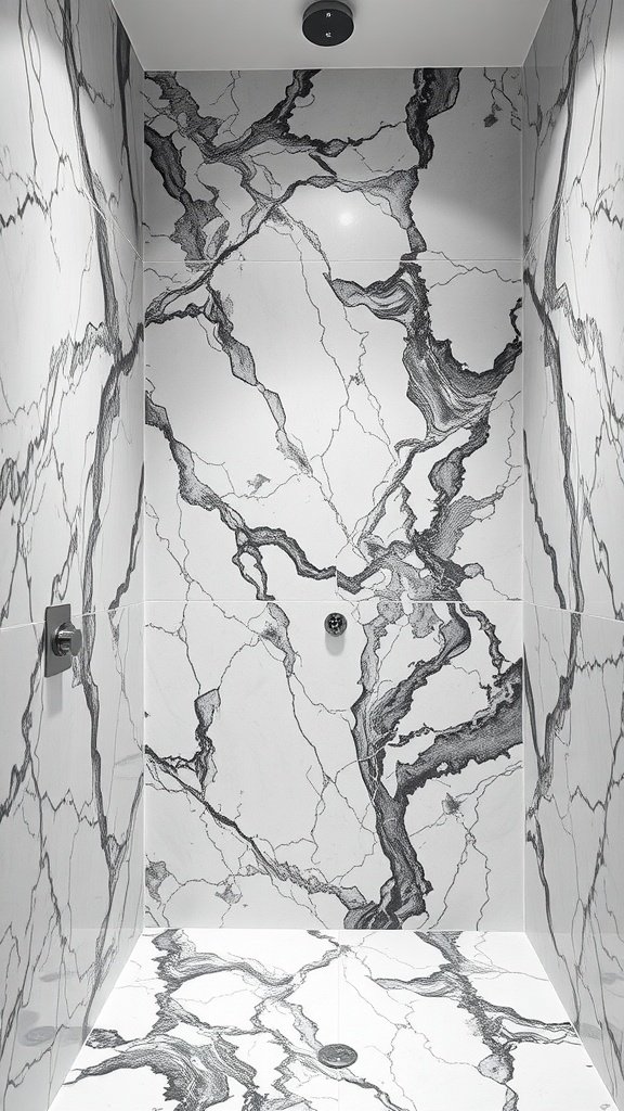 Modern shower with intricate black and white marble veining