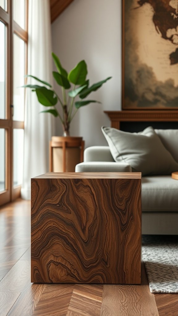 Close-up of a wooden table with intricate grain patterns in a modern living room.