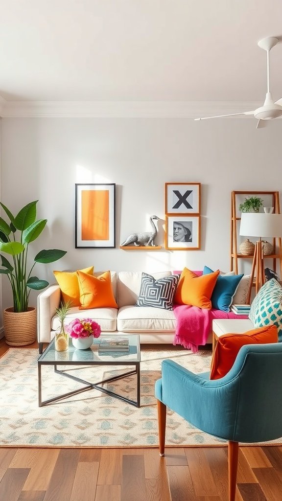 A living room featuring a mix of neutral tones and colorful accessories like cushions and throws.