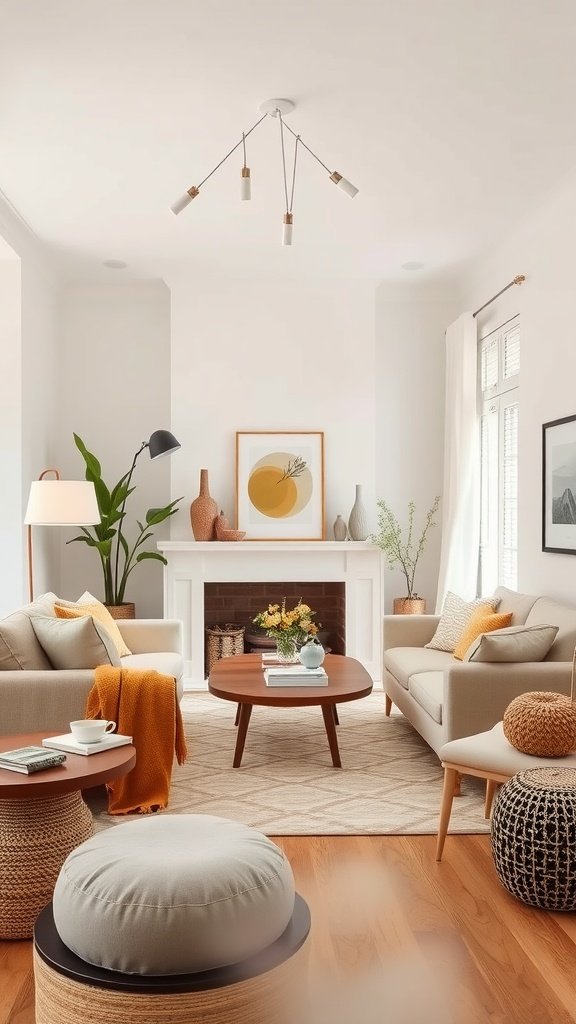 A cozy living room featuring cream-colored furniture, warm wooden accents, and decorative plants.
