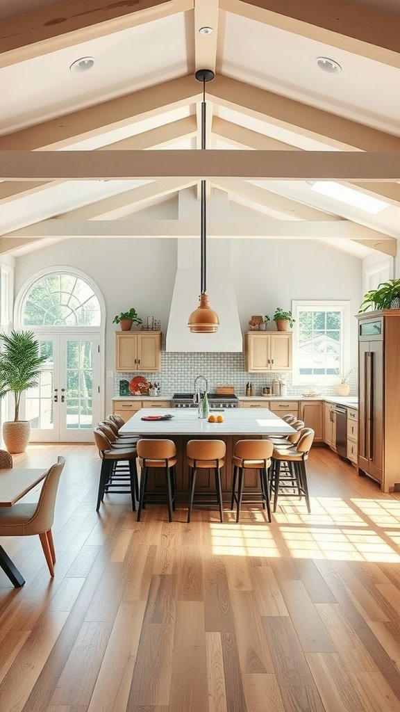 A warm and inviting open kitchen featuring a large island with seating, perfect for gatherings.