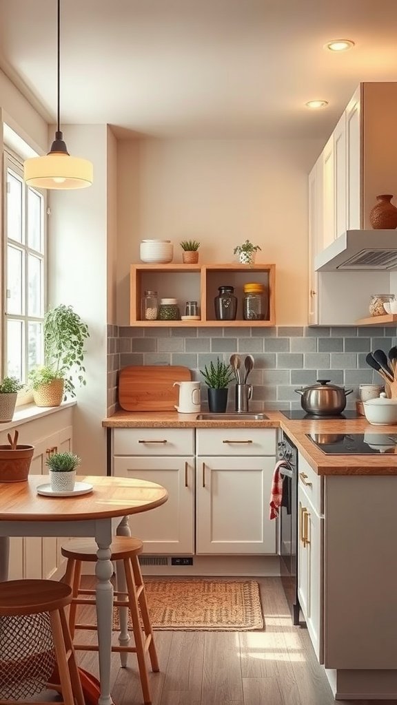 A cozy kitchen featuring warm lighting and rustic wooden accents.