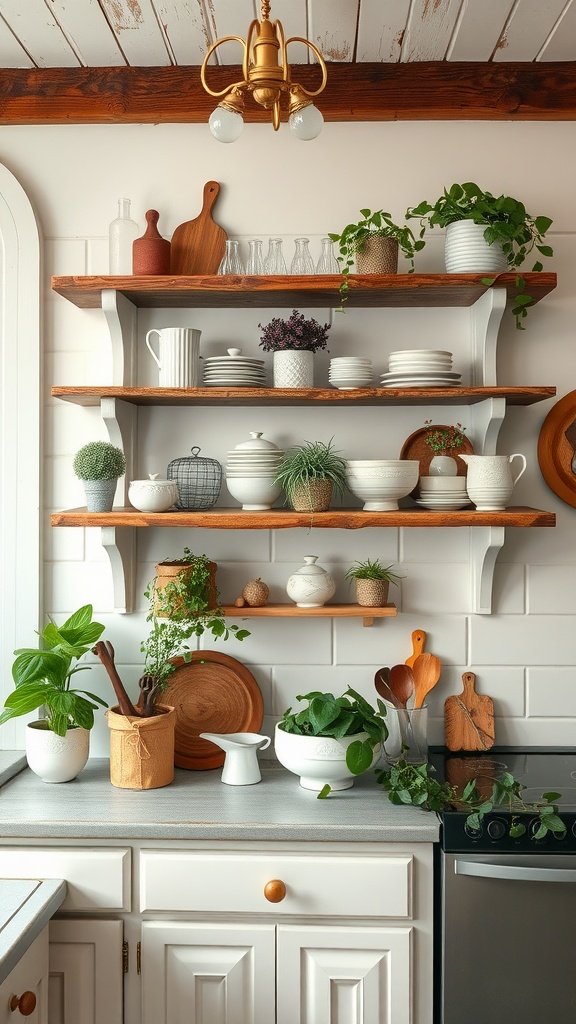 A cozy farmhouse kitchen featuring open shelves with dishes and plants.