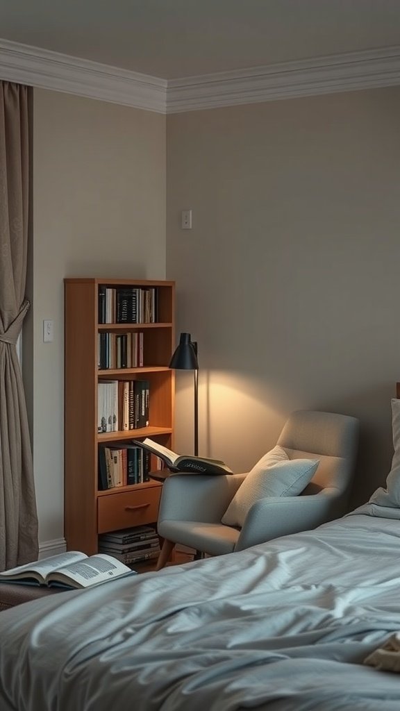 A cozy bedroom reading nook with a chair, bookshelf, and soft lighting.
