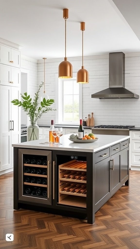 Modern kitchen island featuring a built-in wine cooler, stylish decor, and elegant lighting.