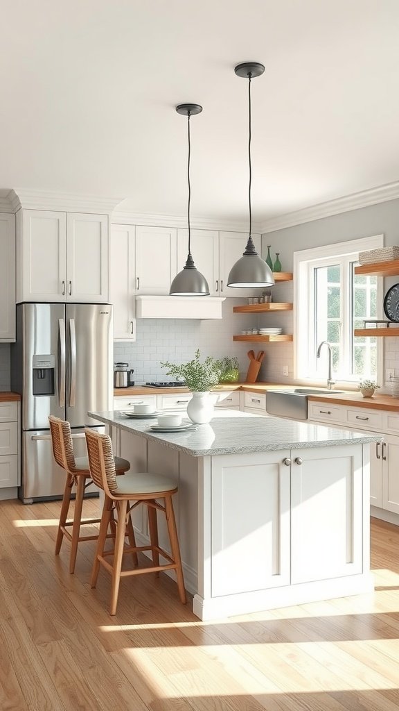 Modern kitchen island with breakfast nook and wooden stools.