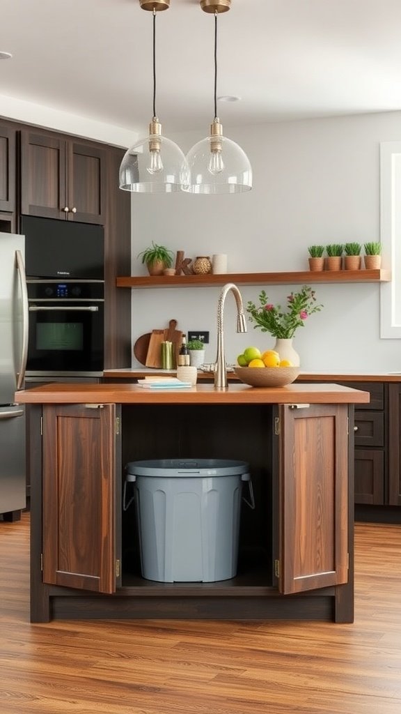 Modern kitchen island with hidden trash compartment, wooden design, and clean layout.