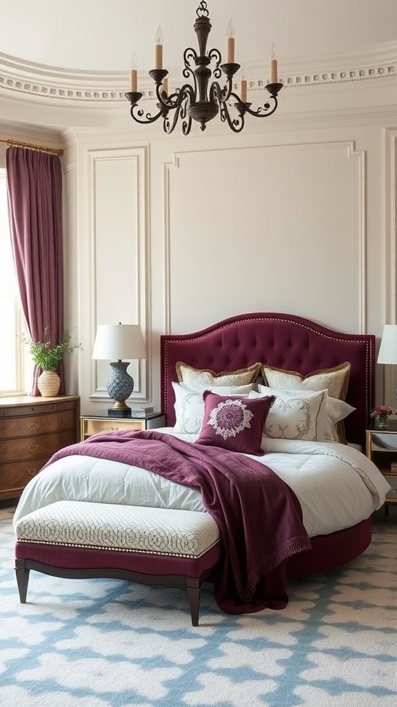 Luxurious bedroom featuring ivory and rich blackberry color scheme with elegant decor.