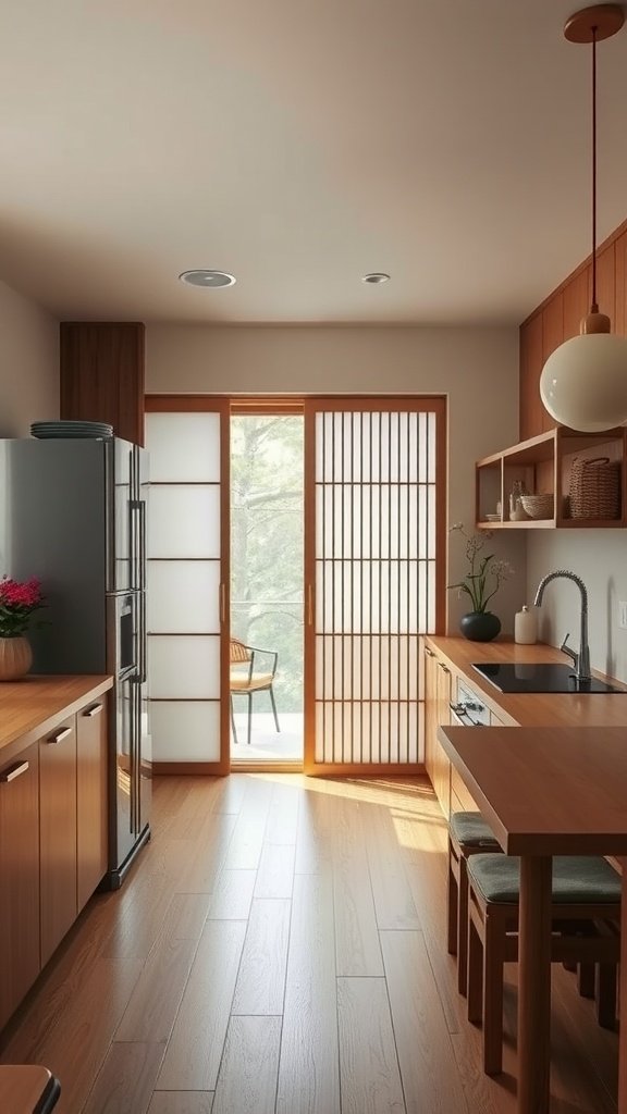 A minimalist Japanese-inspired kitchen with wooden cabinets and a peaceful vibe.