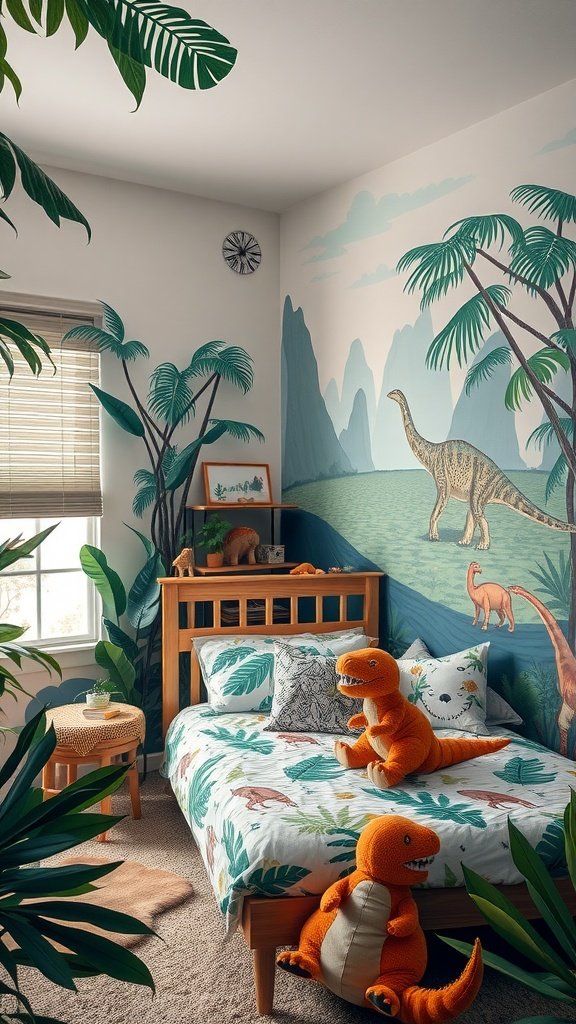 A themed bedroom designed as a Jurassic Jungle Hideout featuring dinosaur murals and plush toys.