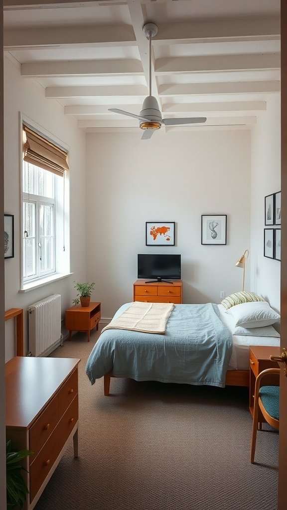 A small bedroom featuring a bed, dresser, and TV, arranged to keep pathways clear.
