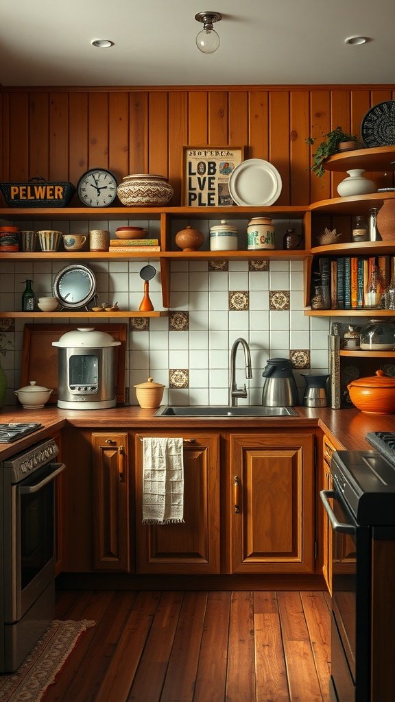 A cozy kitchen featuring wooden cabinets, open shelves with various kitchen items, and warm lighting.