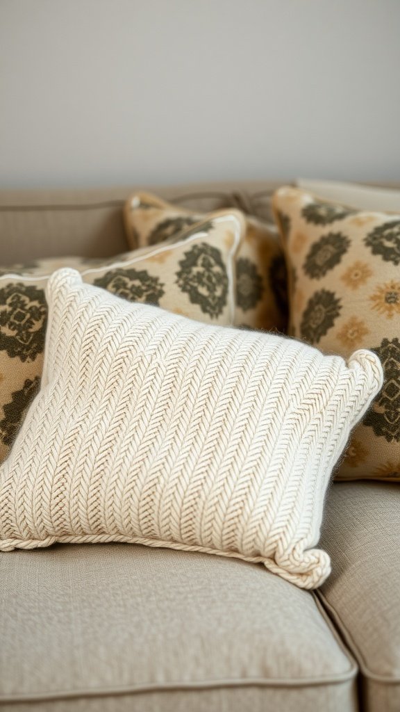 A cozy knitted pillow on a couch, surrounded by patterned pillows.