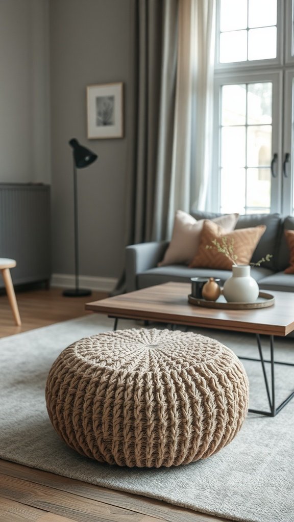 A knitted pouf in a cozy living room setting.