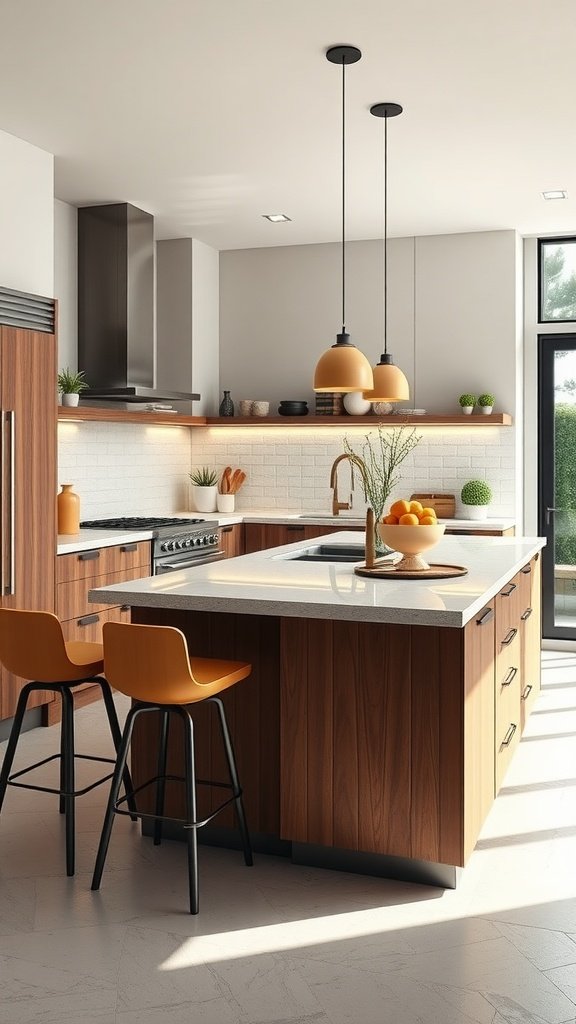 Modern L-shaped kitchen island with orange bar stools and a stylish countertop.