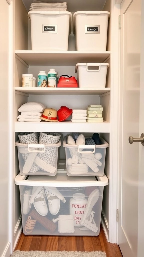 A neatly organized closet with labeled storage bins and shelves.