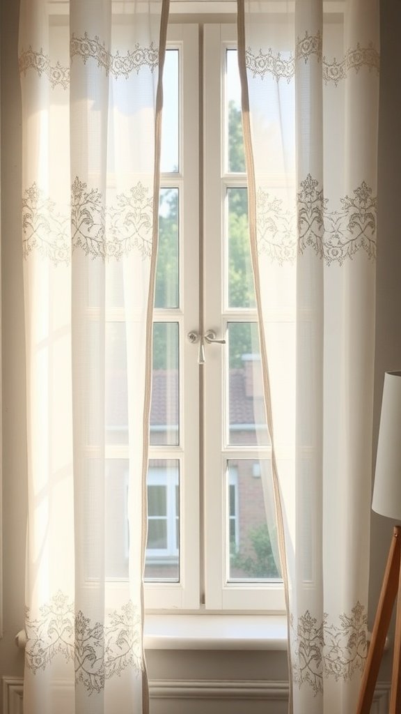 Lace accented drapes hanging in a bright room, framing a window with soft light filtering through.
