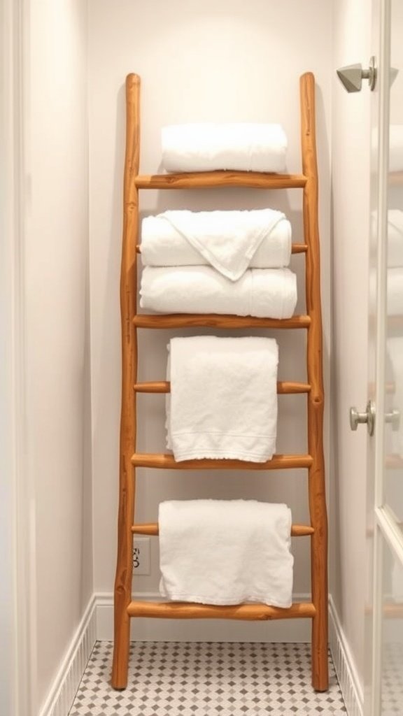 A wooden ladder-style towel rack with neatly folded white towels.