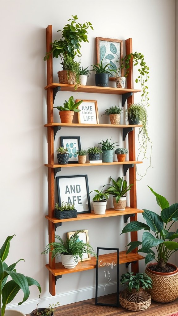 A wooden ladder shelf filled with various plants and decorative frames.