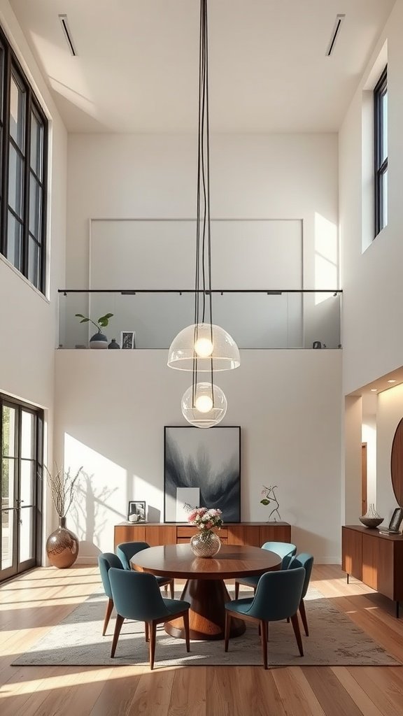 A large dome pendant light hanging in a spacious double-height living room with modern decor.