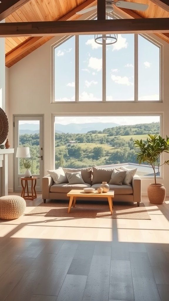 Modern farmhouse living room with large windows showcasing scenic views.