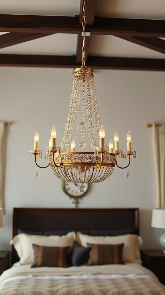 A luxurious chandelier with lattice work hanging above a stylish bedroom