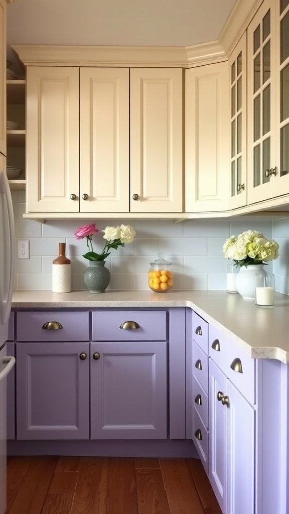 A kitchen featuring lavender and cream two-tone cabinets, showcasing a bright and inviting atmosphere.