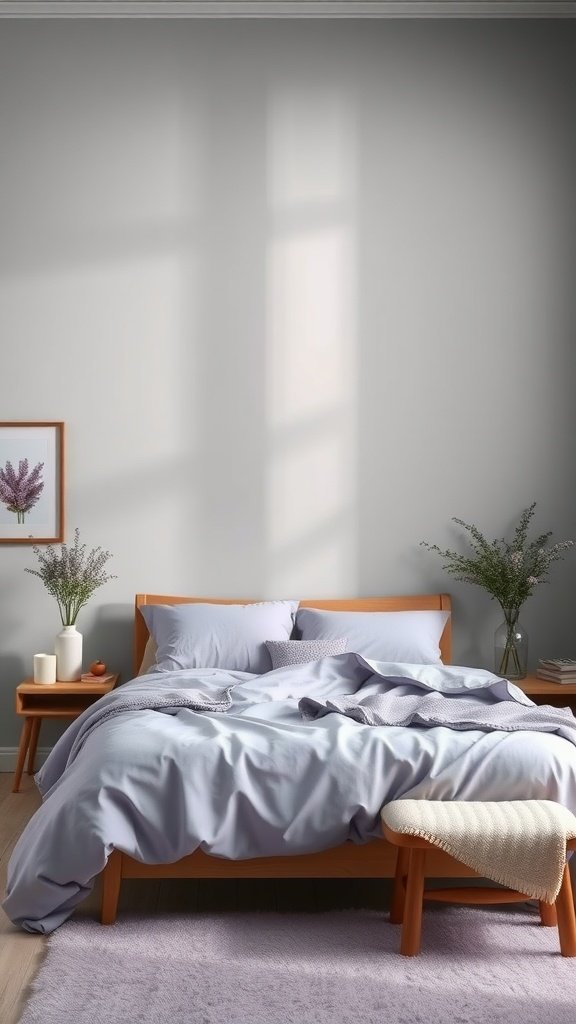 A cozy bedroom featuring lavender bedding and soft gray walls, accented with plants and a wooden bed.