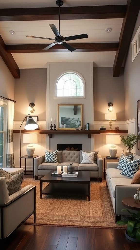 A modern farmhouse living room with layered lighting, featuring table lamps, wall sconces, and a ceiling fan.