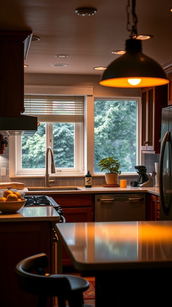 A cozy kitchen with layered lighting, featuring pendant lights and sunlight filtering through a window.