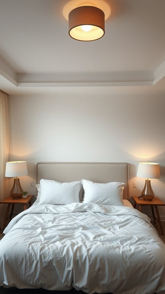 A well-lit bedroom featuring overhead and bedside lamps with a cozy bed.