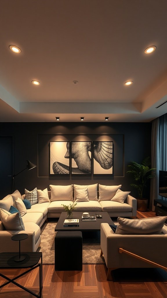 A cozy living room featuring dark walls and light furniture with layered lighting solutions.