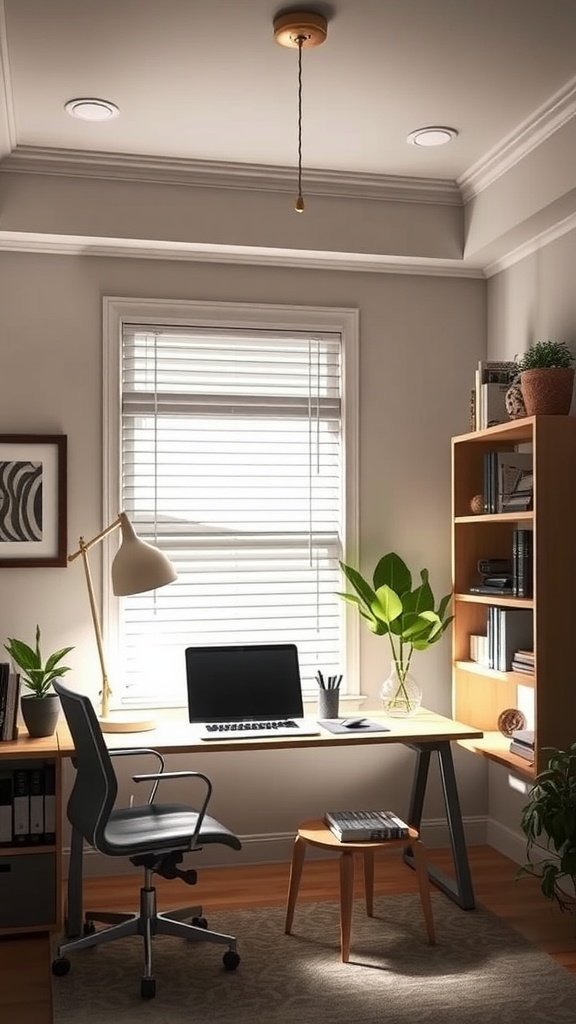Cozy home office with layered lighting, featuring a wooden desk, modern chairs, and decorative plants.